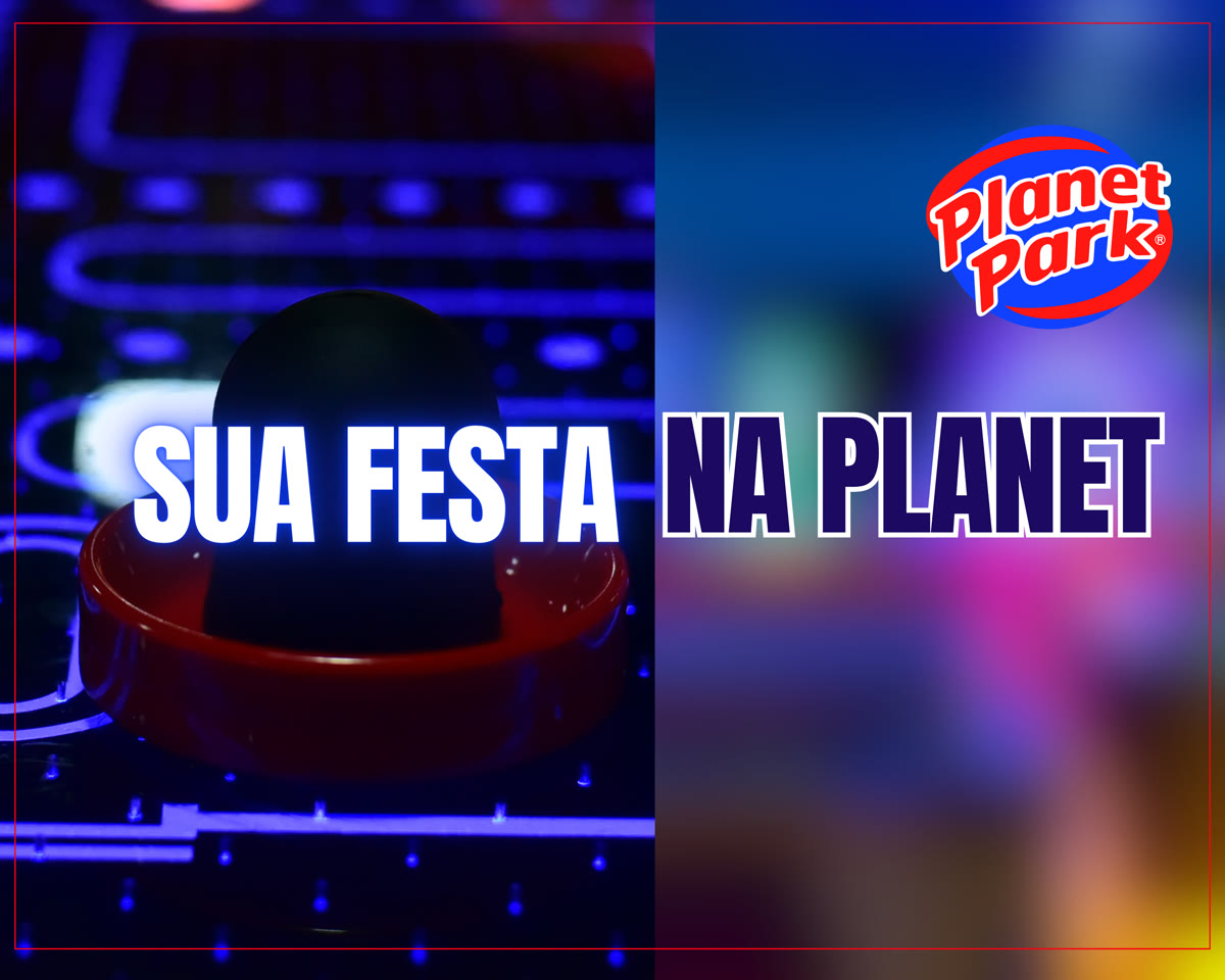 Área de festas do Planet Park com jogos iluminados